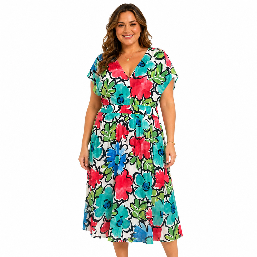 Maggy London Colorful Floral V-Neck Midi Dolman Sleeve Abstract Dress sz 14